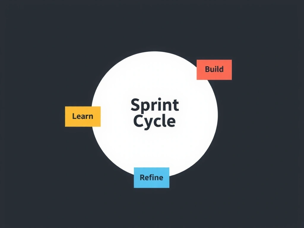 Circular diagram showing the 2-week sprint cycle: Build, Test, Learn, Refine