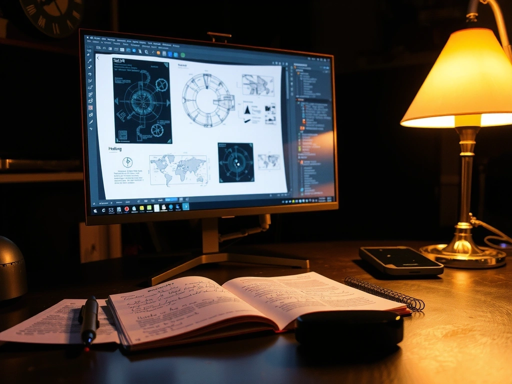 Game developer workspace with UI wireframes and notes